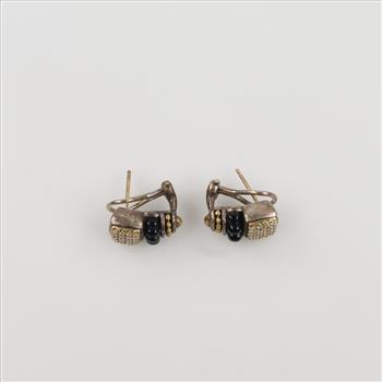 Sterling Silver Gold Accent Diamond & Black Stone Earrings