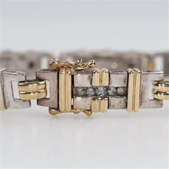 Sterling Silver Gold Accent Diamond  Pannel Bracelet