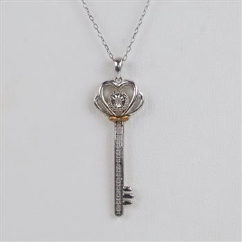 Sterling Silver Gold Accented Diamond Key Pendant Necklace