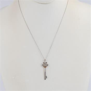 Sterling Silver Gold Accented Diamond Key Pendant Necklace