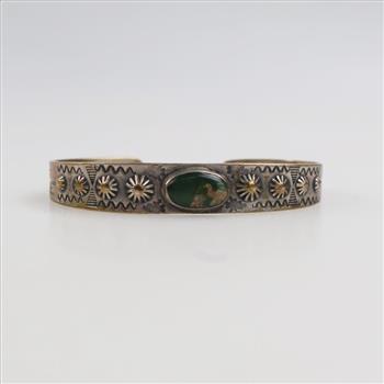 Sterling Silver Green Stone Stamped Cuff Bracelet