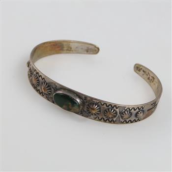 Sterling Silver Green Stone Stamped Cuff Bracelet