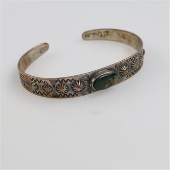 Sterling Silver Green Stone Stamped Cuff Bracelet