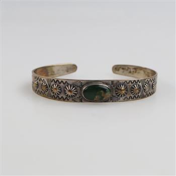 Sterling Silver Green Stone Stamped Cuff Bracelet