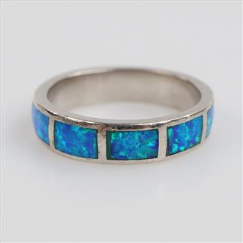 Sterling Silver Iridescent Blue Stone Inlay Band