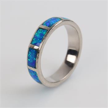 Sterling Silver Iridescent Blue Stone Inlay Band