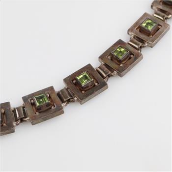 Sterling Silver Light Green Stone Square Link Bracelet