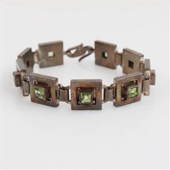 Sterling Silver Light Green Stone Square Link Bracelet