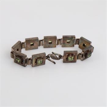 Sterling Silver Light Green Stone Square Link Bracelet