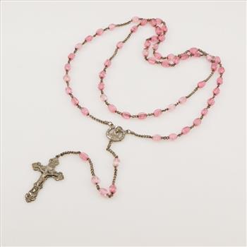 Sterling Silver Pink Bead Cross Necklace
