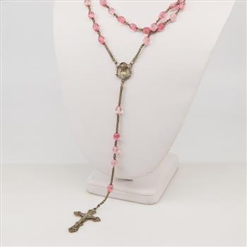 Sterling Silver Pink Bead Cross Necklace
