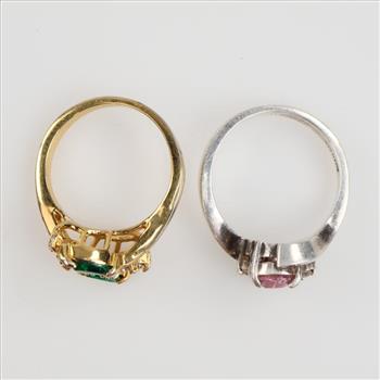 Sterling Silver Pink Stone Ring & Green Stone Fashion Ring, 2 Pieces
