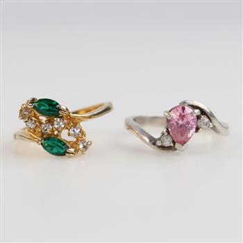 Sterling Silver Pink Stone Ring & Green Stone Fashion Ring, 2 Pieces