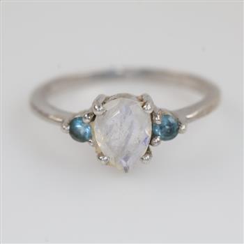 Sterling Silver Platinum Plated Clear Stone Blue Stone Accent Ring