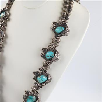 Sterling Silver Squash Blossom Dyed Turquiose Necklace