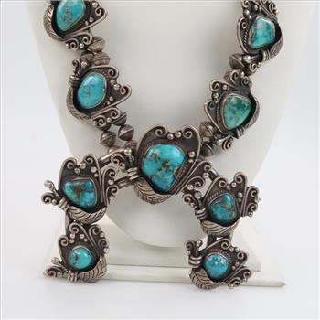 Sterling Silver Squash Blossom Dyed Turquiose Necklace