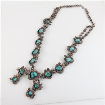 Sterling Silver Squash Blossom Dyed Turquiose Necklace