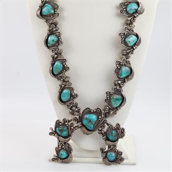 Sterling Silver Squash Blossom Dyed Turquiose Necklace