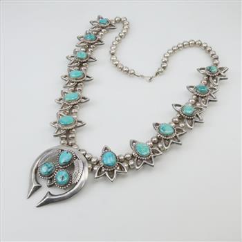 Sterling Silver Squash Blossom Turquoise Necklace