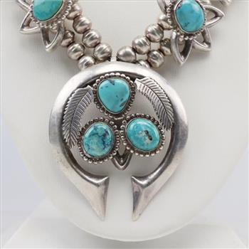 Sterling Silver Squash Blossom Turquoise Necklace