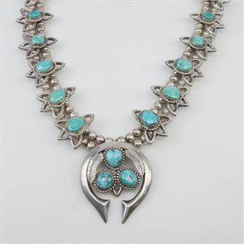 Sterling Silver Squash Blossom Turquoise Necklace