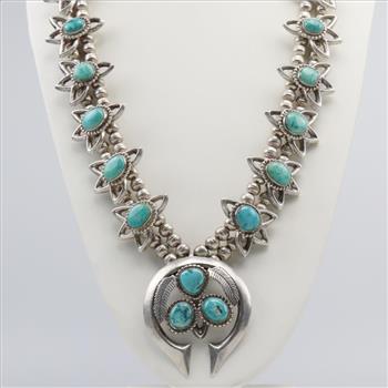 Sterling Silver Squash Blossom Turquoise Necklace