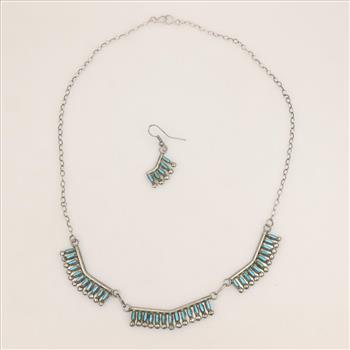 Sterling Silver Turquoise Necklace And Earring, 2 Pieces