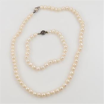 Strand Of Pearl Jewelry Set Sterling Silver Clasps, 2 Pieces