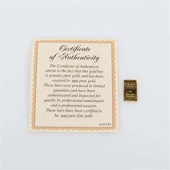 Swiss Gold Fine Gold 1 Gram Bar W/ COA