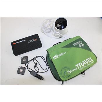 Tack Life Engine Starter With Power Adapter, Security Camera, And Adventure Medical Kits.