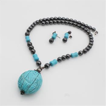 Teal Stone Black Bead Sterling Silver Accent Necklace And Earring Set
