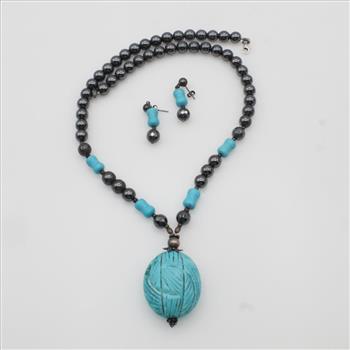 Teal Stone Black Bead Sterling Silver Accent Necklace And Earring Set