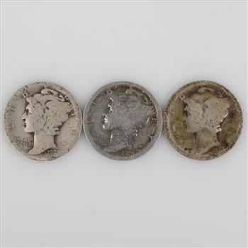 Three 1923 US Mercury Silver Dimes