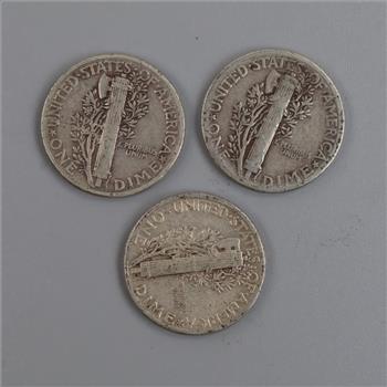 Three 1944 US Mercury Silver Dimes