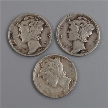 Three 1944 US Mercury Silver Dimes