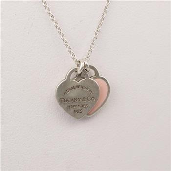 Tiffany & Co. Mini Double Heart Pink Tag Silver Necklace
