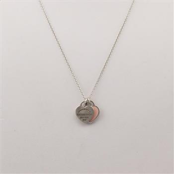Tiffany & Co. Mini Double Heart Pink Tag Silver Necklace