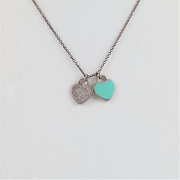 Tiffany & Co. Sterling Silver Blue Double Heart Tag Pendant Necklace