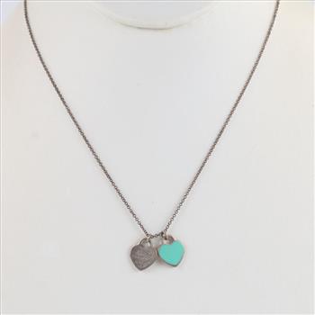 Tiffany & Co. Sterling Silver Blue Double Heart Tag Pendant Necklace