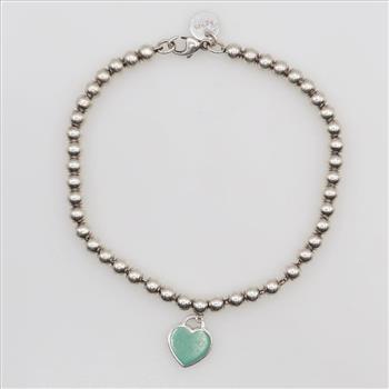 Tiffany & Co. Sterling Silver Blue Heart Tag Bead Bracelet