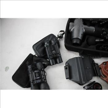 Toloco Massage Gun, Tasco Binoculars, Gun Holsters, Flashlight & More 8 Pieces