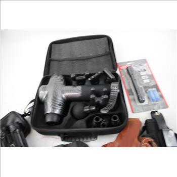 Toloco Massage Gun, Tasco Binoculars, Gun Holsters, Flashlight & More 8 Pieces