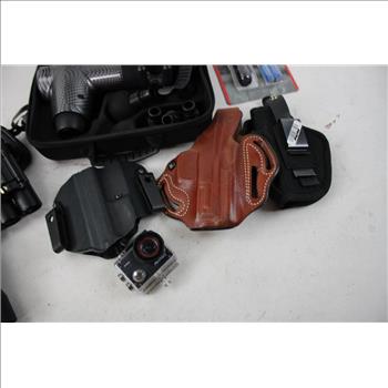 Toloco Massage Gun, Tasco Binoculars, Gun Holsters, Flashlight & More 8 Pieces