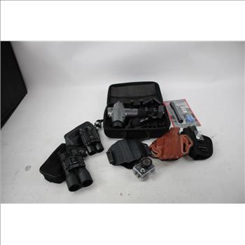 Toloco Massage Gun, Tasco Binoculars, Gun Holsters, Flashlight & More 8 Pieces