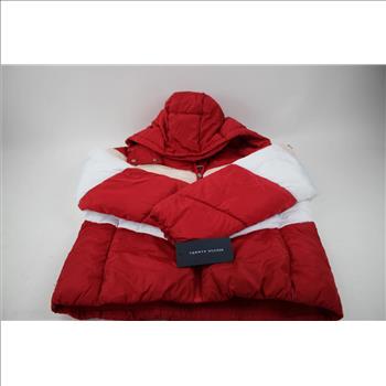 Tommy Hilfiger Multi-Color Striped Hooded Puffer Jacket, Red/Peach/White, Medium
