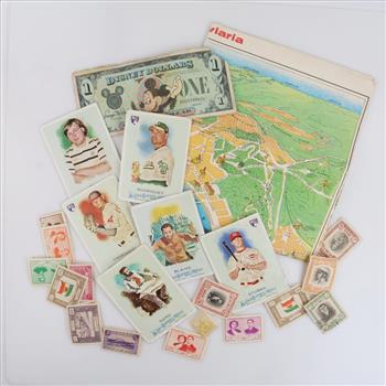 Trading Cards, Stamps, Disney Bill And Map, 20+ Pieces