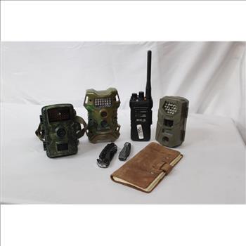 Trail Cameras, Walkie Talkie, Hunting Log, And Folding Knives, 7 Pieces