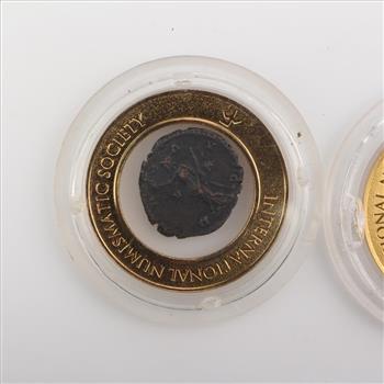 Two Ancient Roman Empire Coins Encase By International Numismatic Society