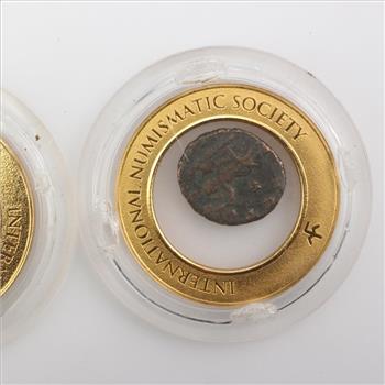 Two Ancient Roman Empire Coins Encase By International Numismatic Society