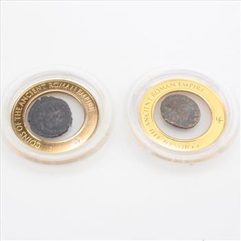 Two Ancient Roman Empire Coins Encase By International Numismatic Society
